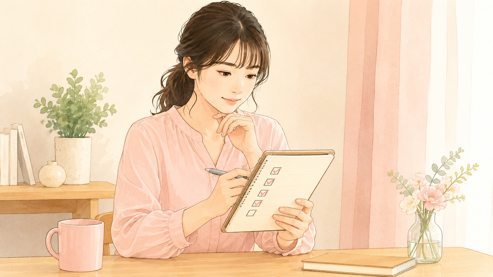 チェックリストを確認している女性のイメージ。サービス選びの判断材料を整理している場面。