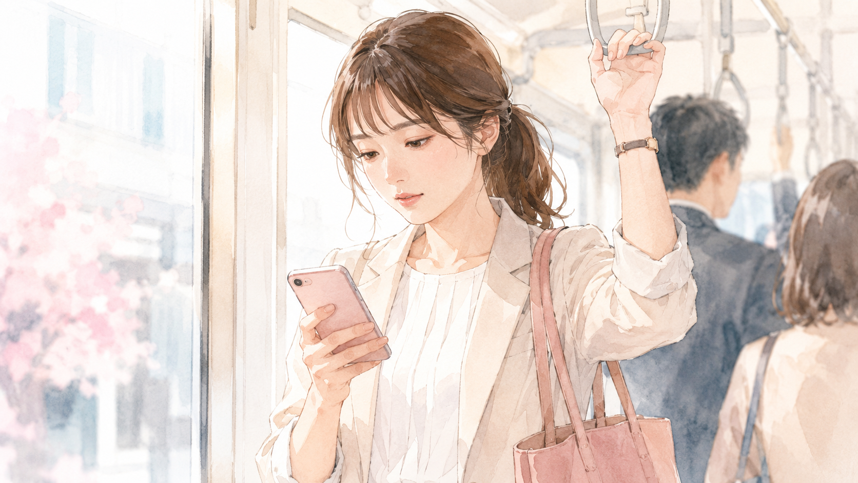 忙しそうな様子でスマートフォンを操作している女性のイメージ。日常の中でオンラインサービスを活用している場面。